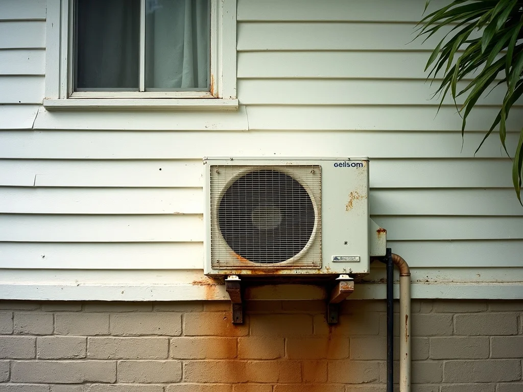 Salt-corroded standard split unit on a Palm Beach beach house before Saltline replaces it with a multi-head coastal-spec system